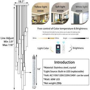 H156" Modern High Ceiling Chandelier Dimmable Lights Crystal Pendants Light Fixture for High Ceiling Living Room Foyer Chrome Lights Lighting Contemporary Ceiling Light Chandeliers (20 Lights-Silver)