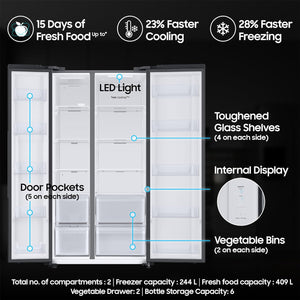 Samsung 653 L, 3 Star, Frost Free, Double Door, Convertible 5-in-1 Digital Inverter, Side By Side AI Enabled Smart Refrigerator with WiFi (RS76CG8003B1HL, Black Matt, 2024 Model)
